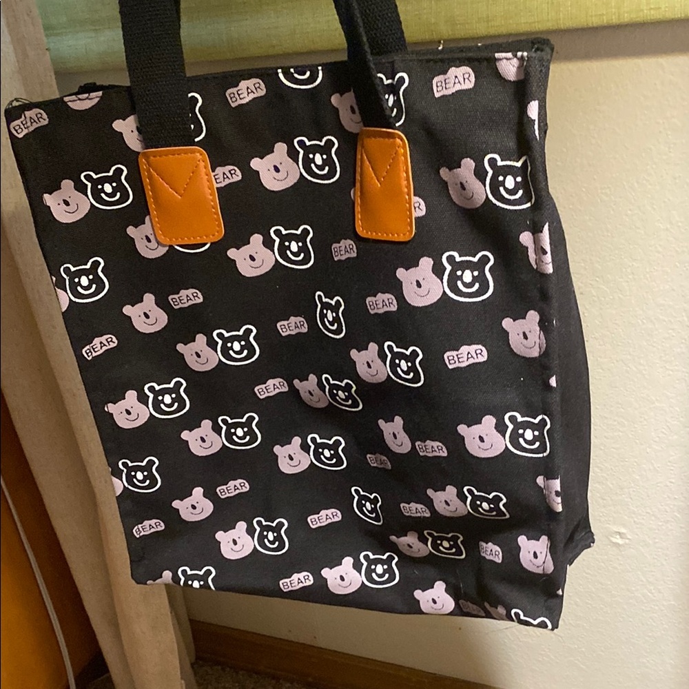 Black Tote with Pink Bear Print and Tan Accents